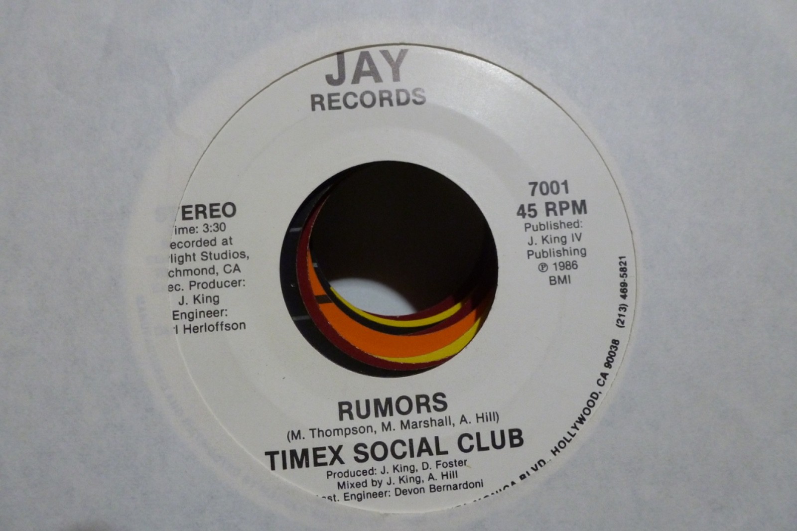 TIMEX SOCIAL CLUB RUMORS & SAME SONG NEAR MINT. 45