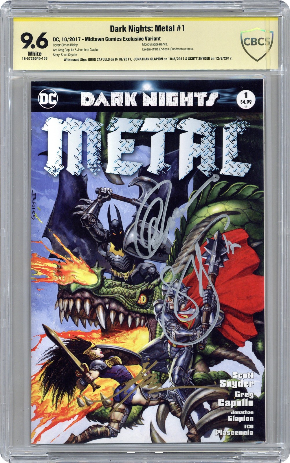 Dark Nights Metal 1MIDTOWN CBCS 9.6 Testimone Sig Capullo/Galpion/Snyder 2017