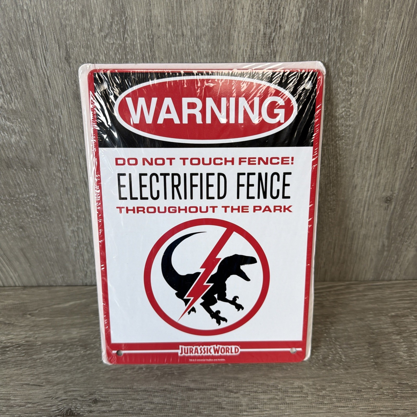 Jurassic World ELECTRIFIED FENCE RAPTOR WARNING Metal Tin 8 X 6" SIGN SEALED