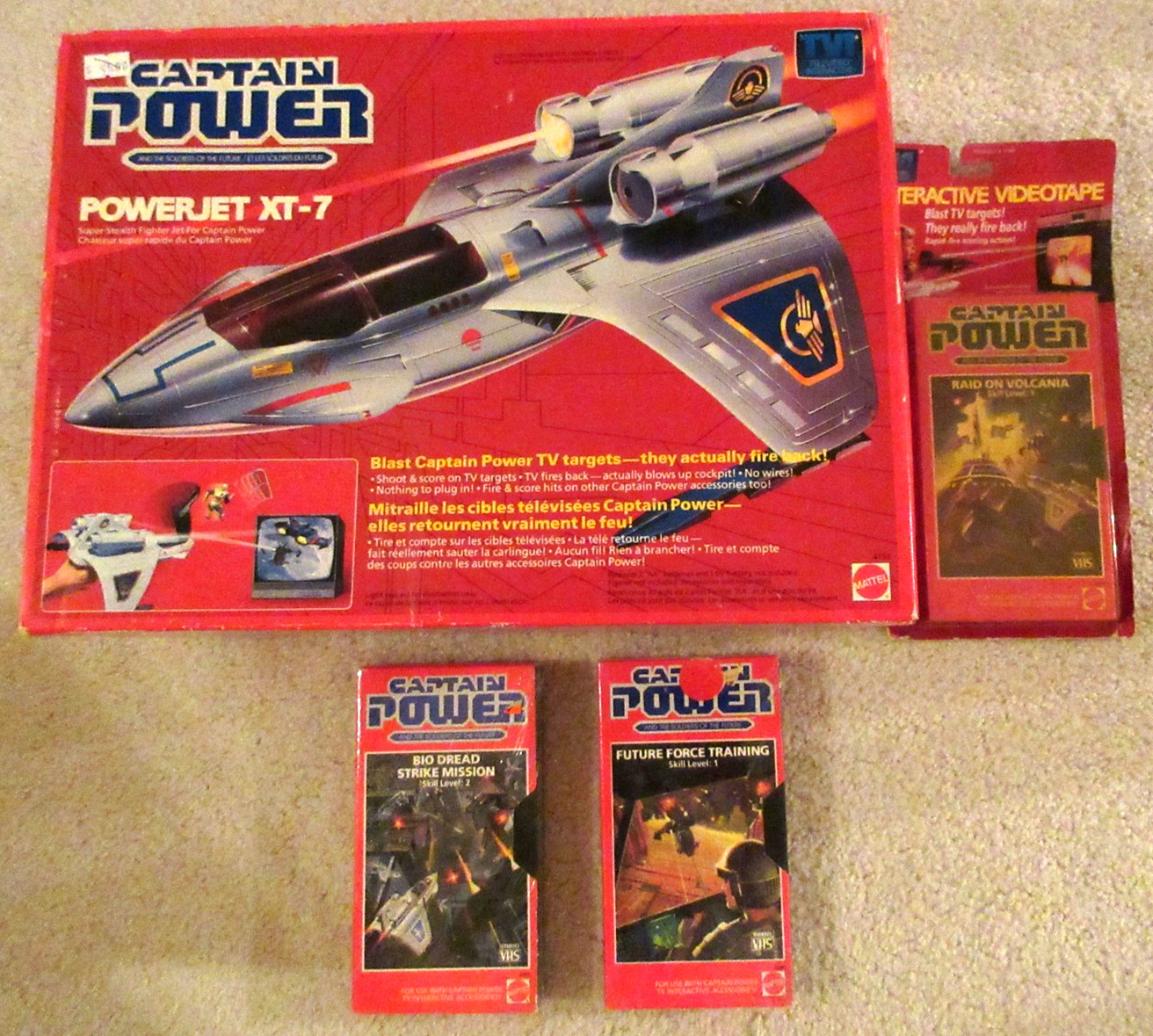 Mattel Vintage 1987 Captain Power Jet XT-7 + 3 Cassette VHS Allenamento Nuove Sigillate
