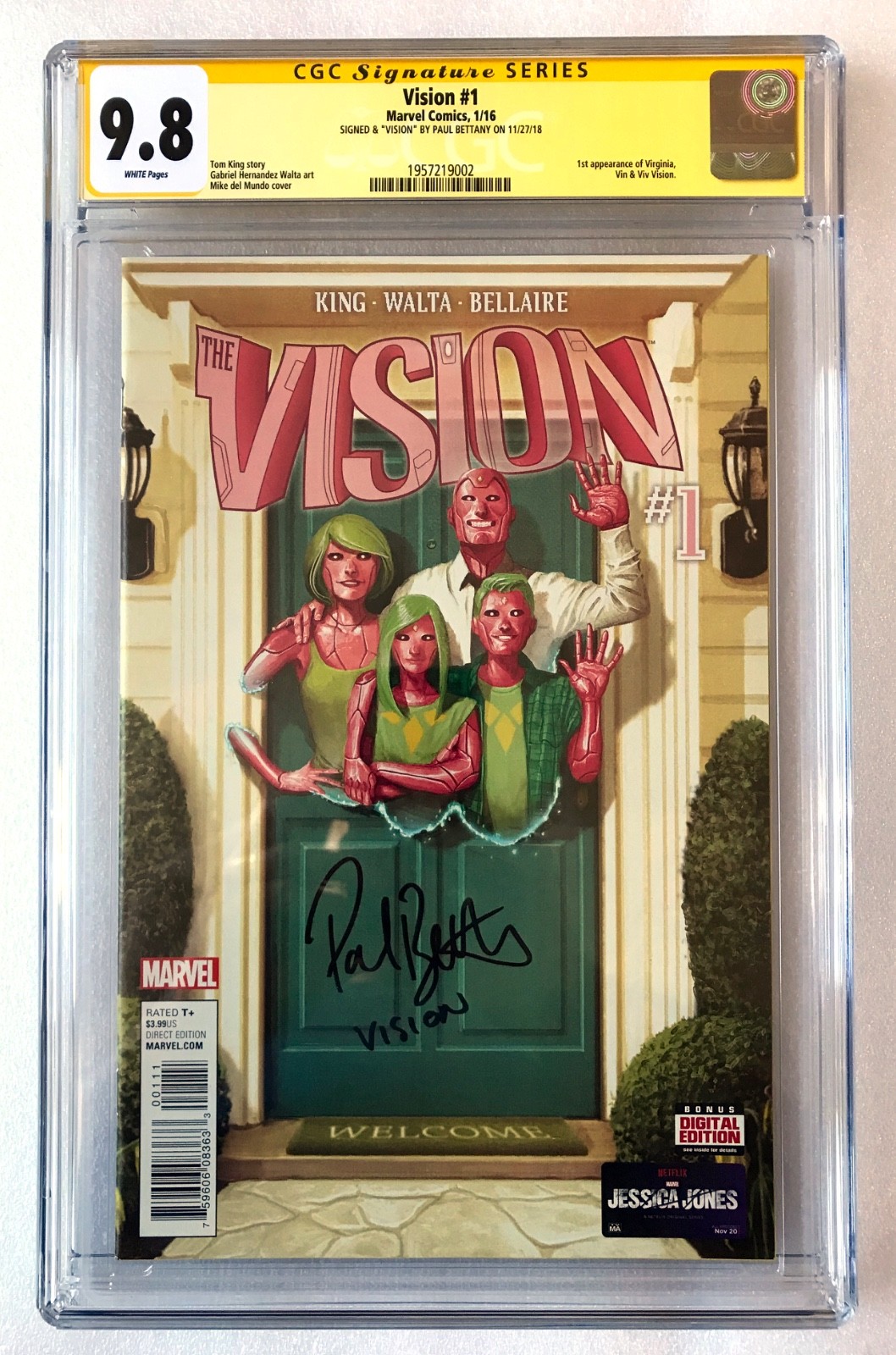 VISION #1 CGC SS 9.8 SIGNED + INSCRIBED  PAUL BETTANY! 2016 1ST APP VIV VISION