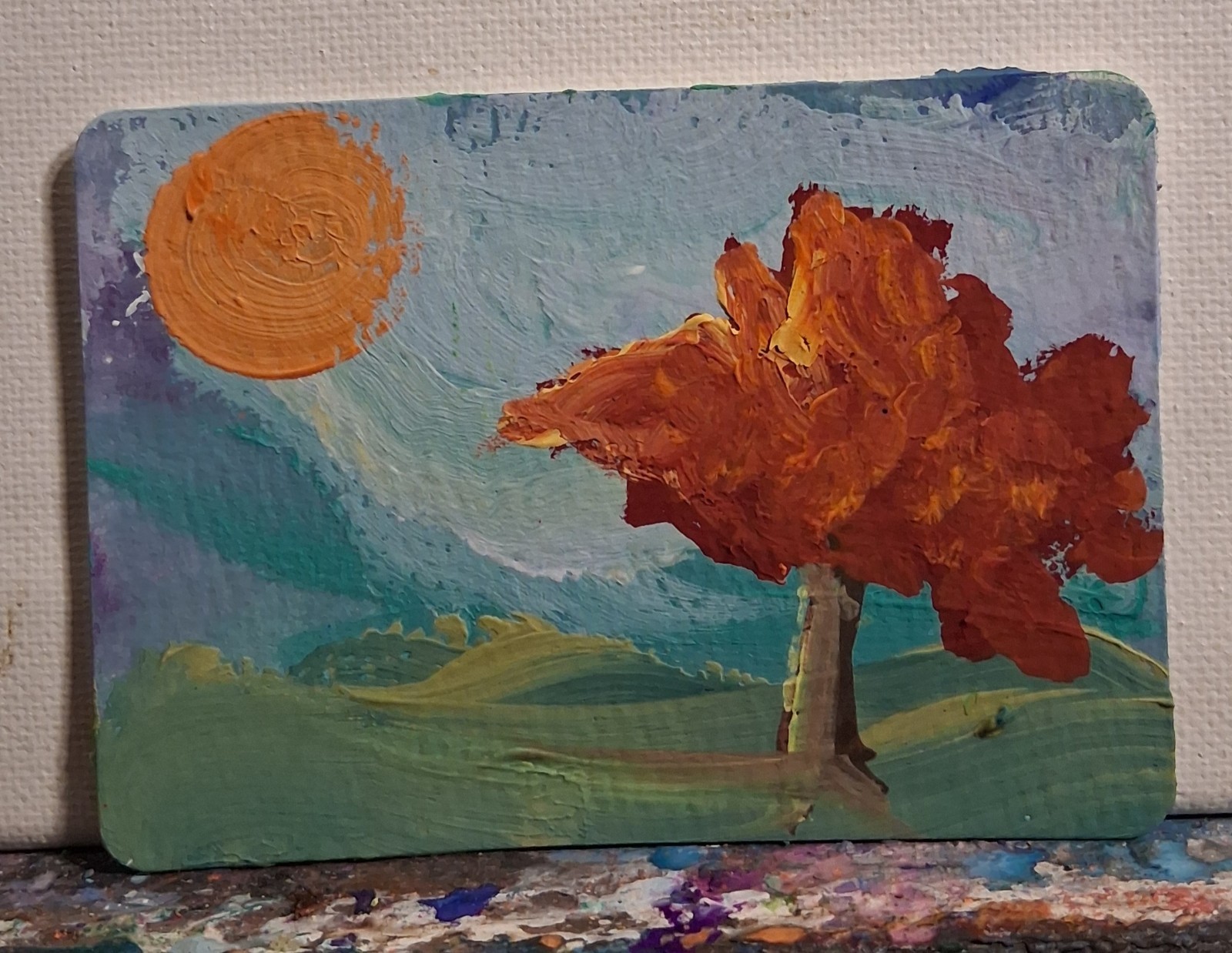 ACEO - Original Gouache Painting Red Tree - Signed Art, SpookieCreations