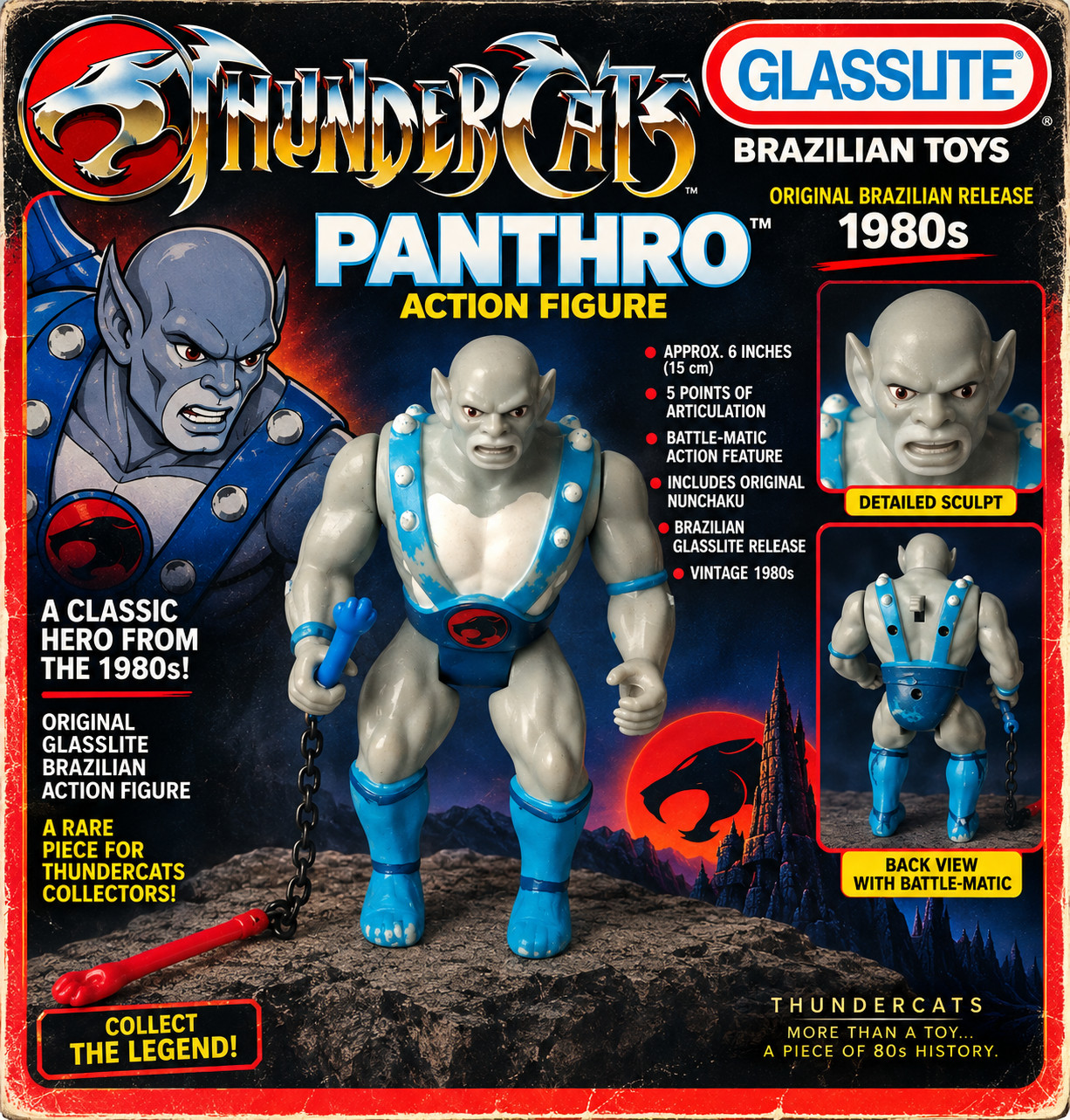 RARA ACTION FIGURE GLASSLITE BRAZIL PANTHRO THUNDERCATS - VINTAGE ANNI 80 ORIGINALE