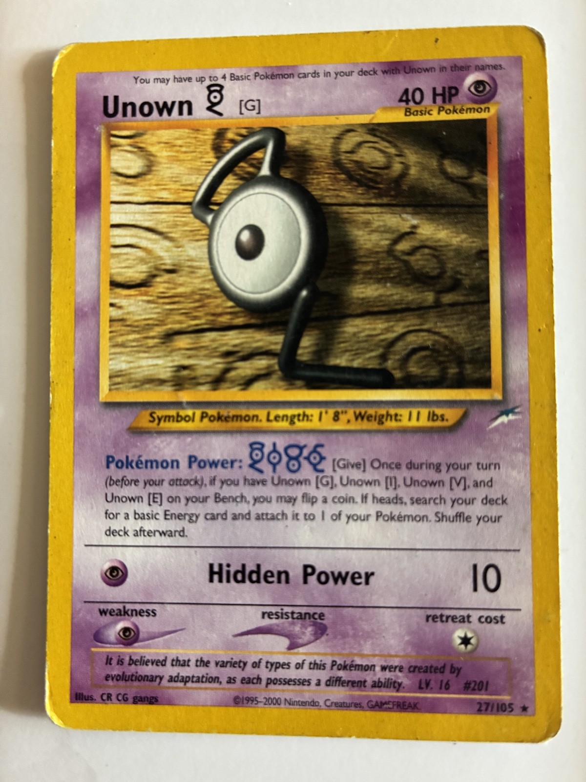 Unown [G] 27/105 Neo Destiny Carta Pokemon Regolare Vintage Nintendo anni 90