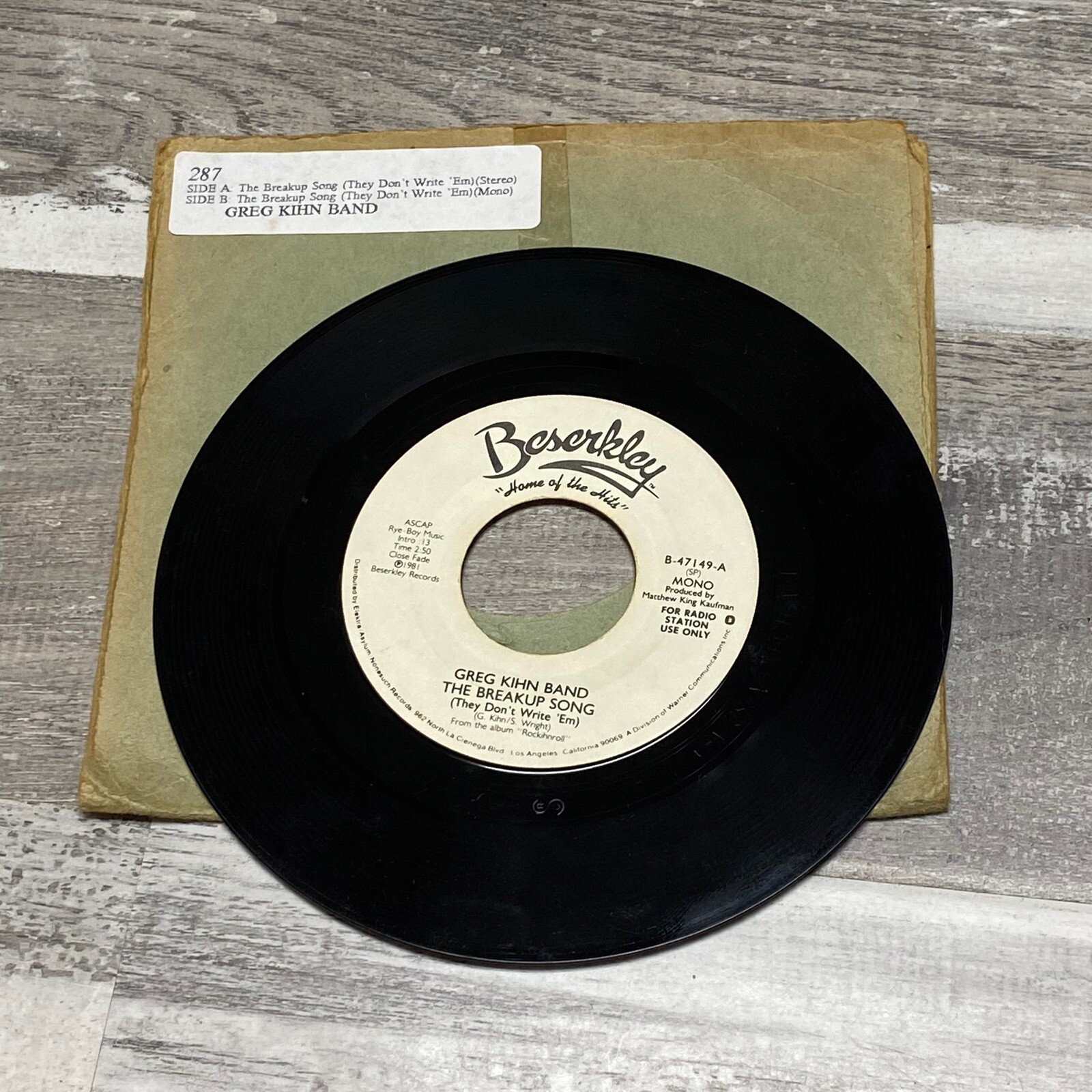 Greg Kihn Band The Breakup Song Promo Radio Use Single Record Jukebox 45
