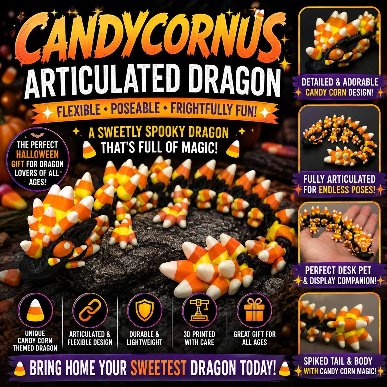 Candycornus Candy Corn Dragon Articolato Drago Halloween Stampato in 3D