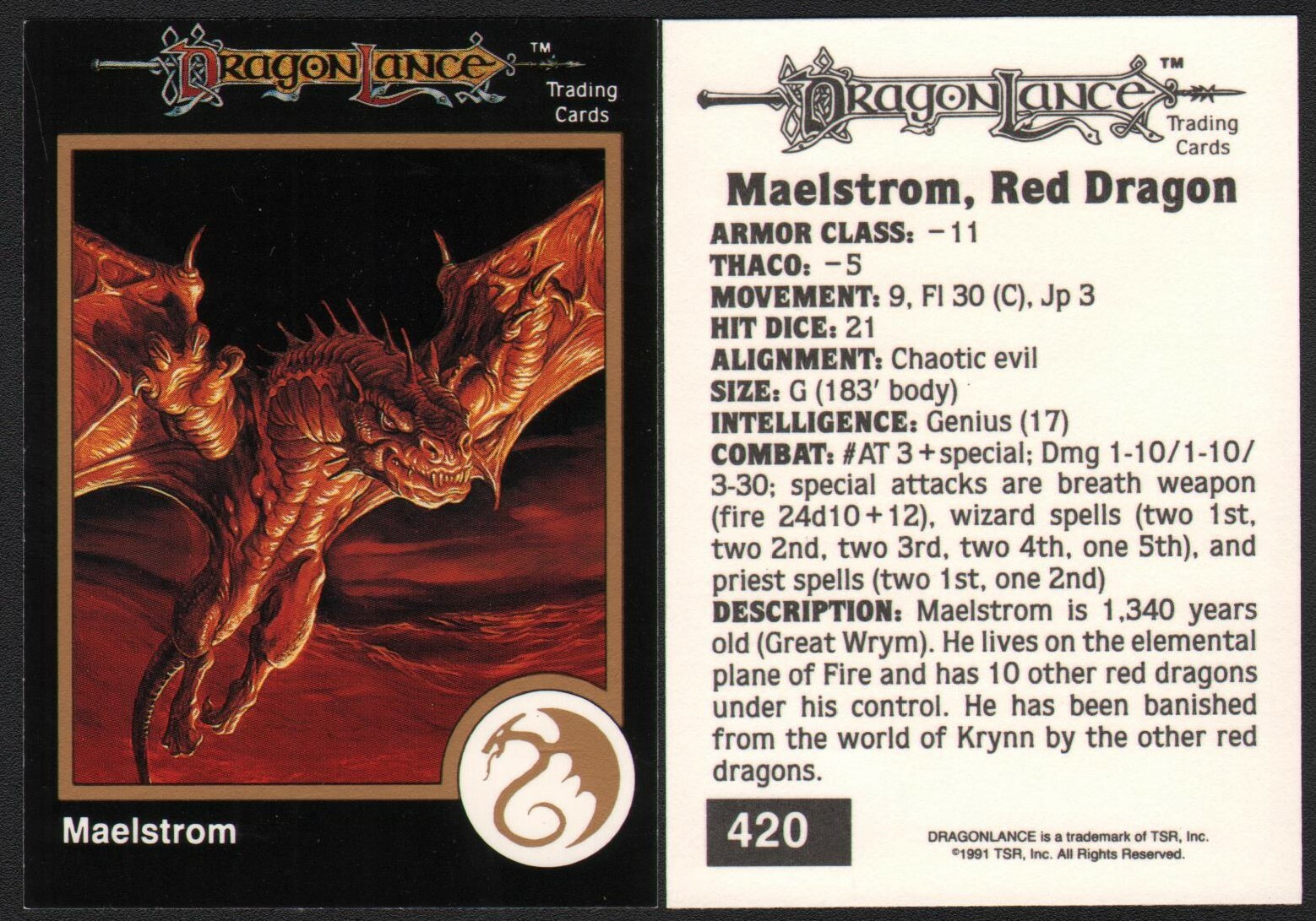 1991 TSR AD&D Gold Border Fantasy Card #420 Jeff Easley Art Dragonlance ~ Drago