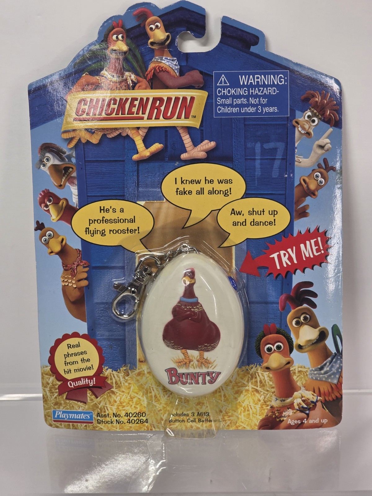 Vtg.2000 New Chicken Run Bunty Talking Keychain Toy Clip-Ons Playmates( Works)