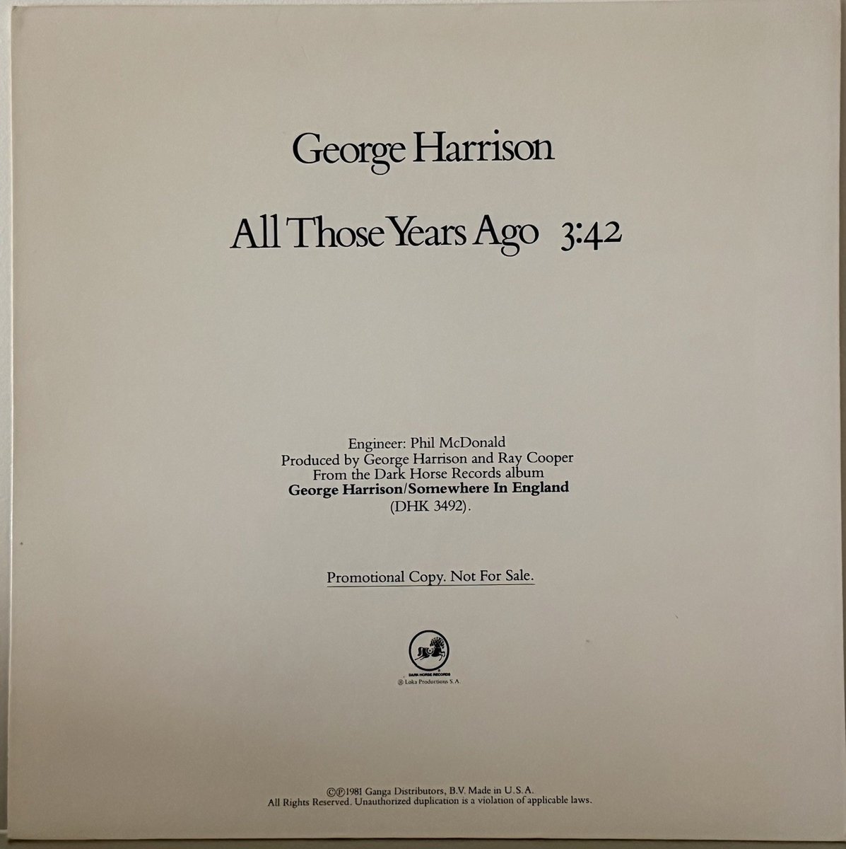 All Those Years ago - George Harrison - Promo 12”