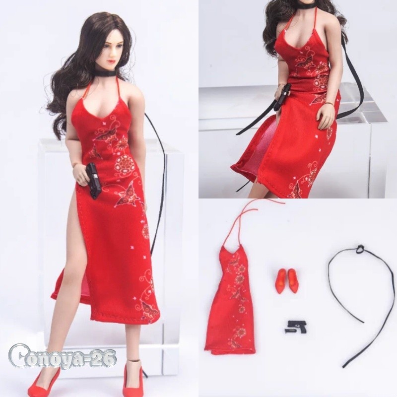 TYM TYM150 1/12 rosso stampato Cheongsam vestiti cosplay femminile adatto figura 6 pollici
