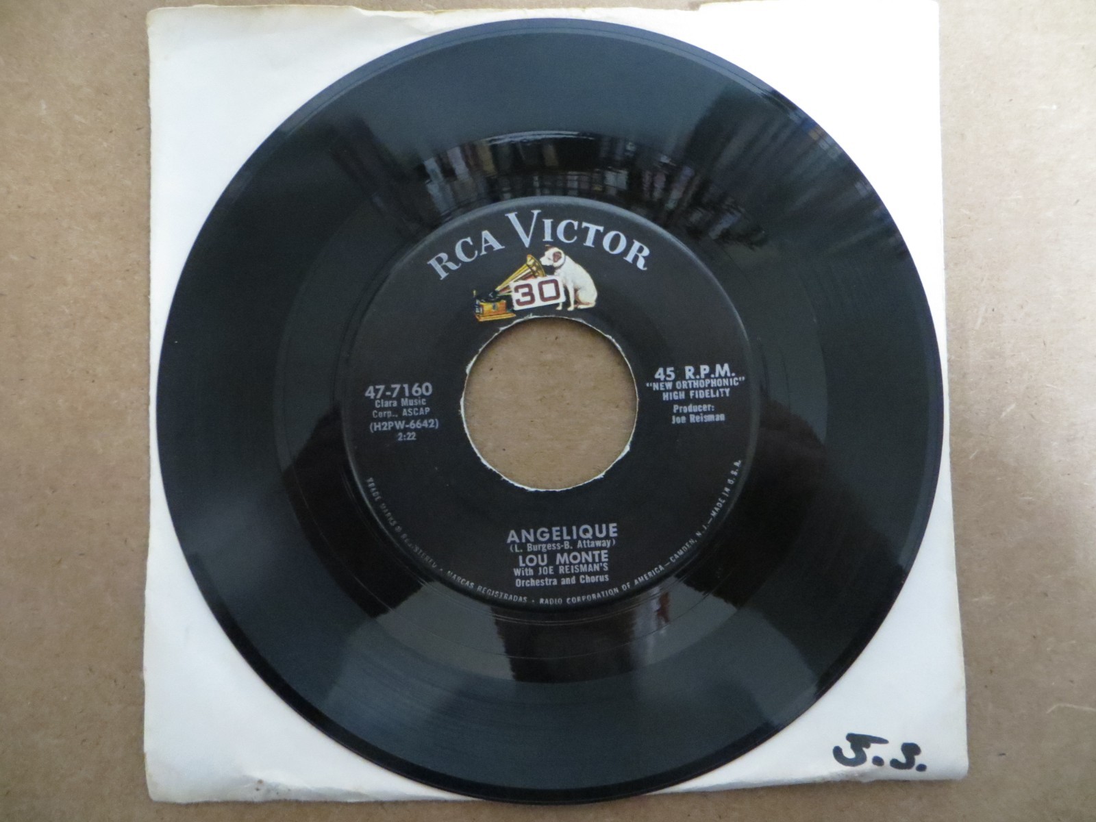 Lou Monte – Angelique - 1958 - RCA Victor 47-7160 7" Single VG/Generic