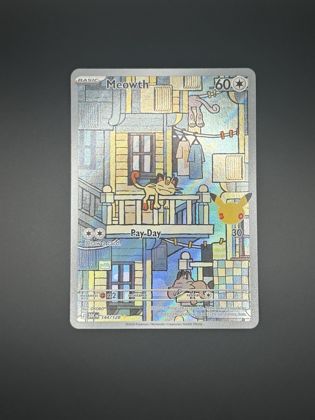Meowth 144/128 Me: Holo Celebrazione 30° Near Mint