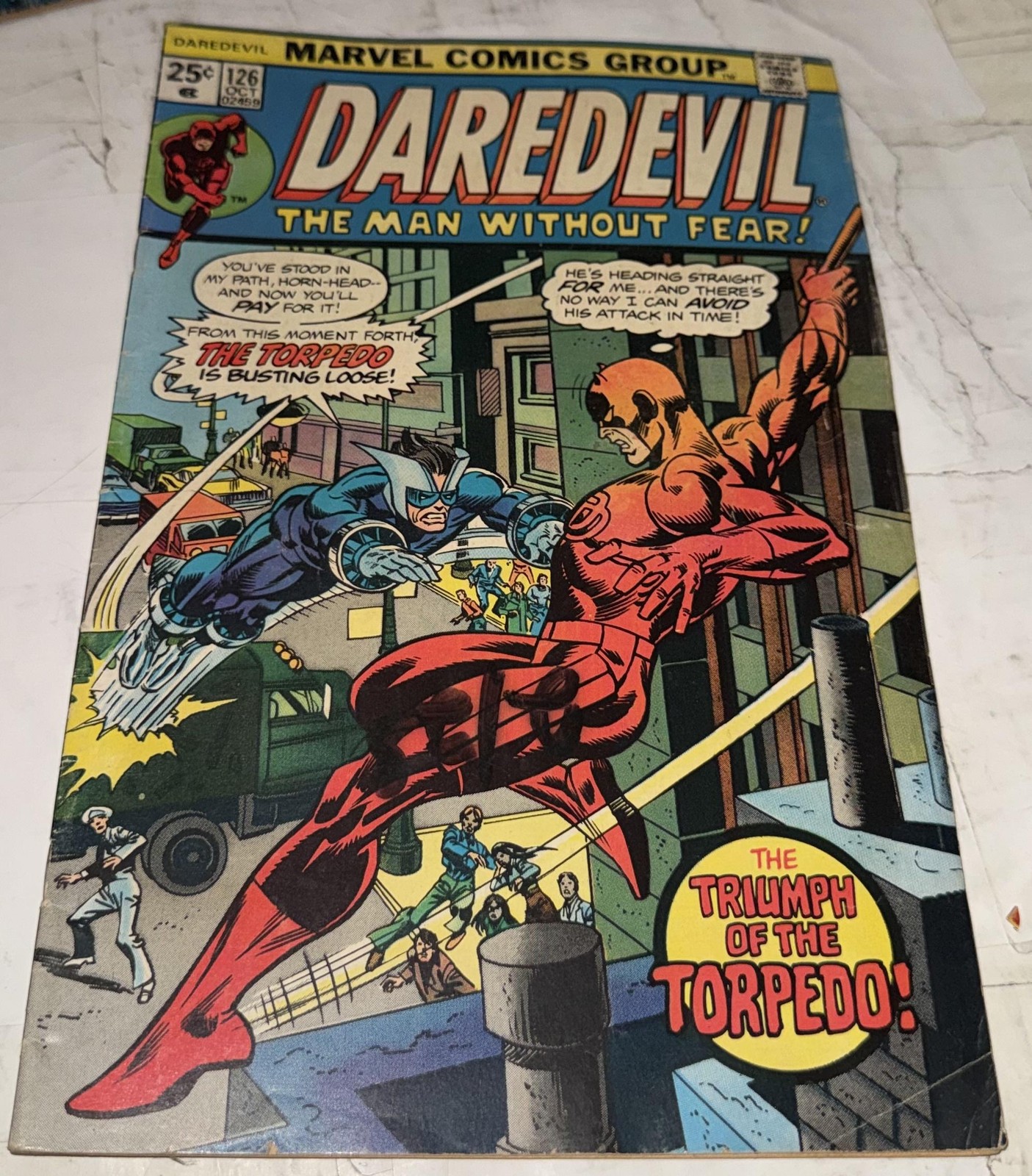 Vintage 1975 Marvel Daredevil #126 fumetto 25¢ Triumph Torpedo età del bronzo