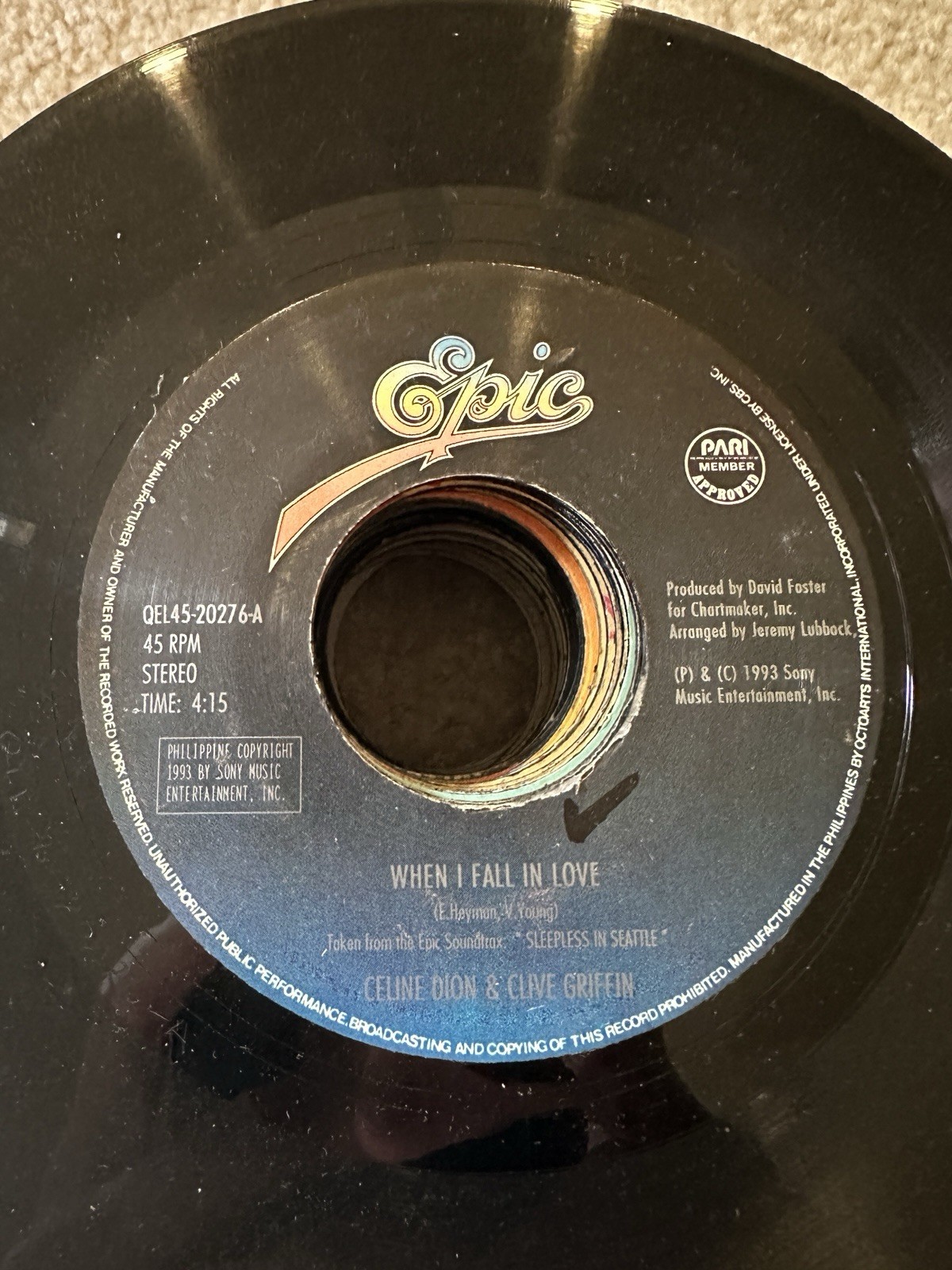 Celine Dion 45 rpm Philippines 7" When I Fall In Love