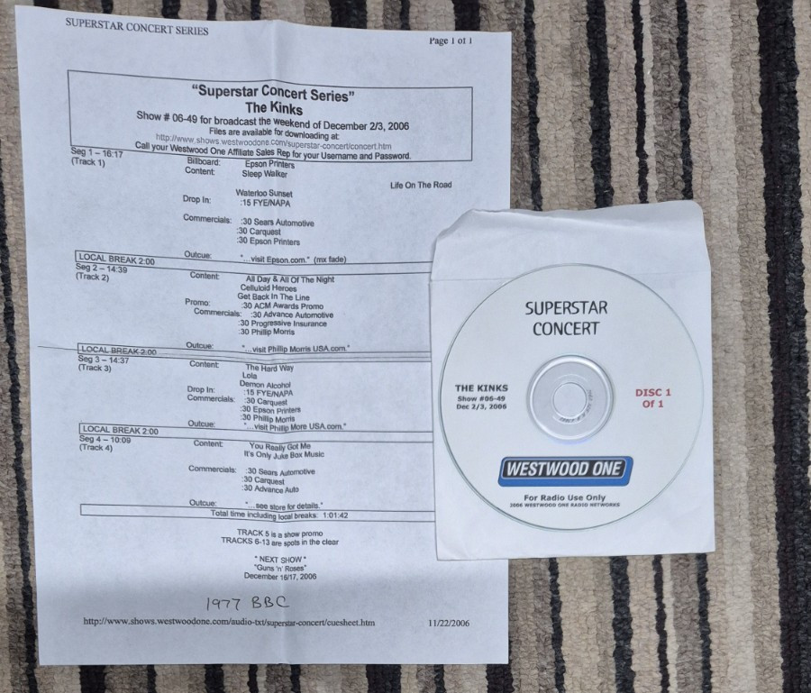 Kinks  Superstar Concert Transcription disc cue sheets Broadcast 2006