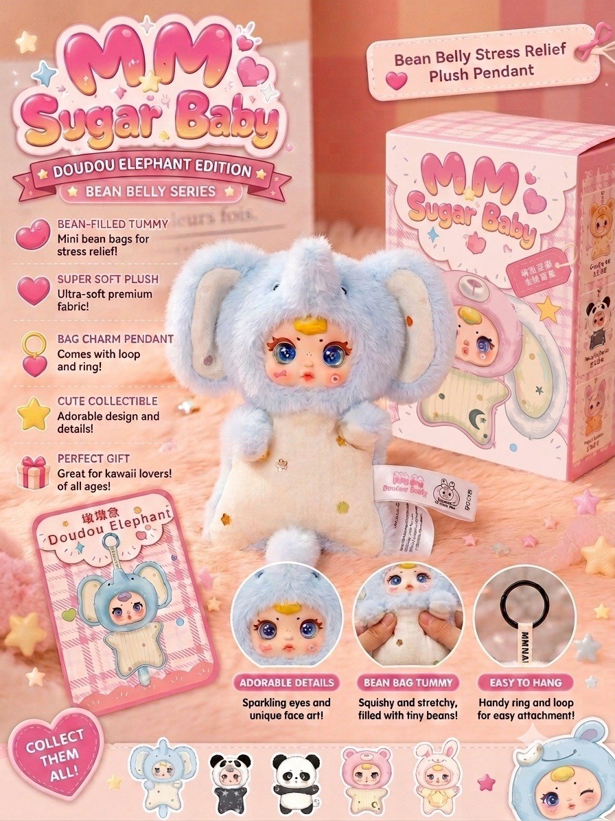 MM SUGER BABY DOUDOU ELEFANTE 🐘 CIONDOLO PELUCHE PANCIA DI FAGIOLO KAWAII NUOVO CON SCATOLA