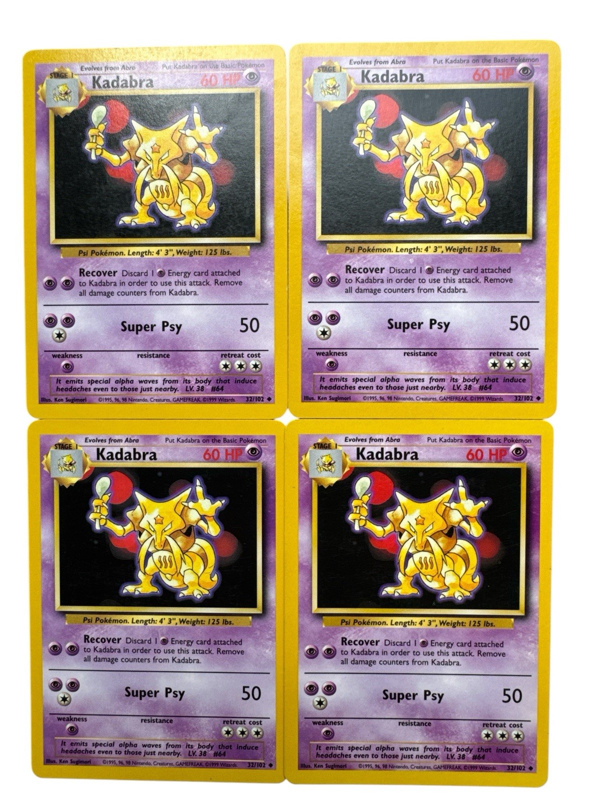 Pokemon Kadabra lotto di 4 carte 1999 maghi vintage 32/102