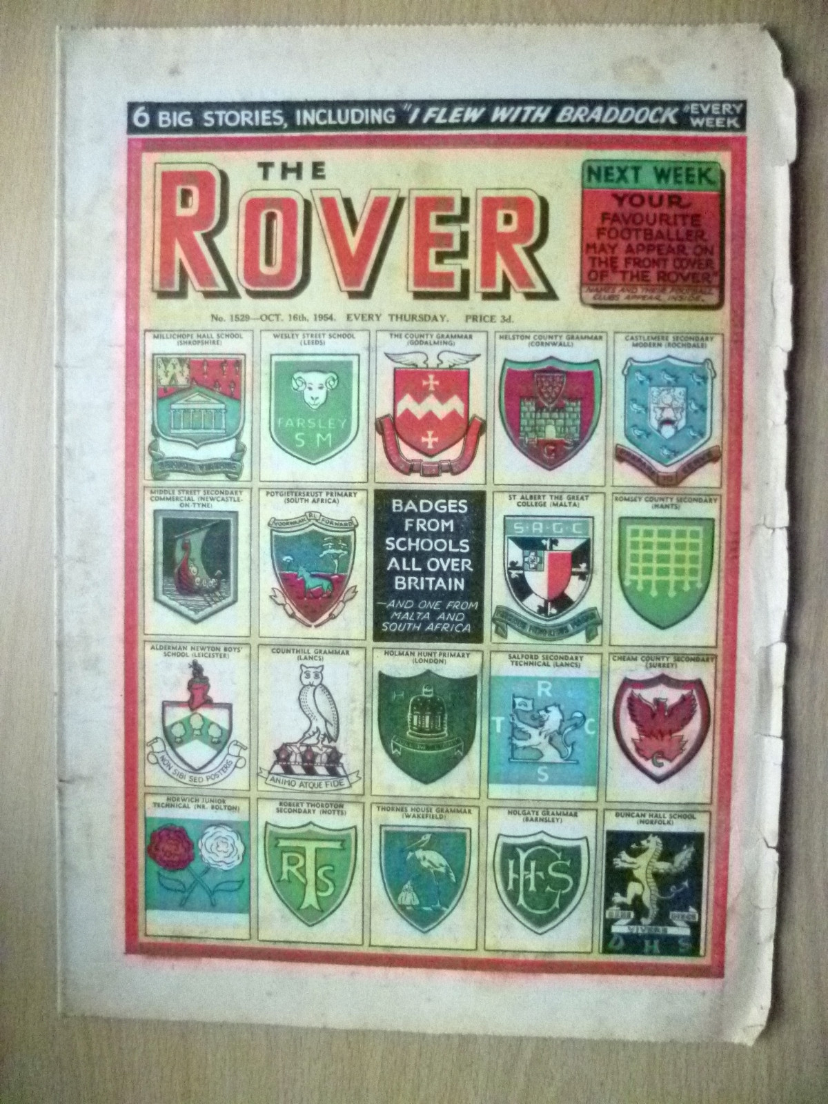 Comic- THE ROVER, No.1529, 16 Oct 1954; 6 BIG STORES,1 PIC STORY & SCHOOL BADGE