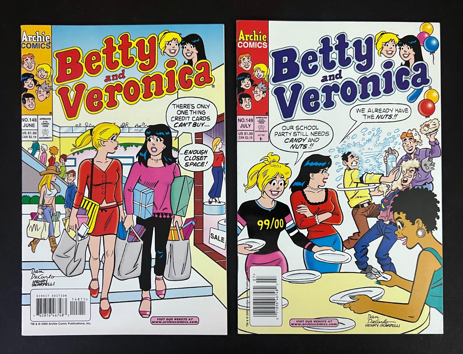 BETTY AND VERONICA #148, 149 Hi-Grade NEWSSTAND UPC DAN DECARLO Cvrs Archie 2000