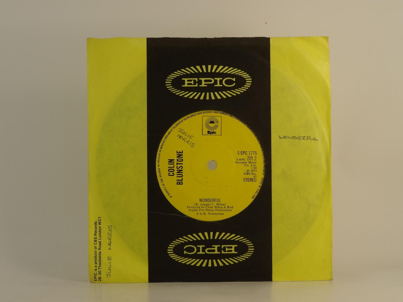 COLIN BLUNSTONE WONDERFUL (82) 2 Track 7" Single plus Company Sleeve EPIC RECORD