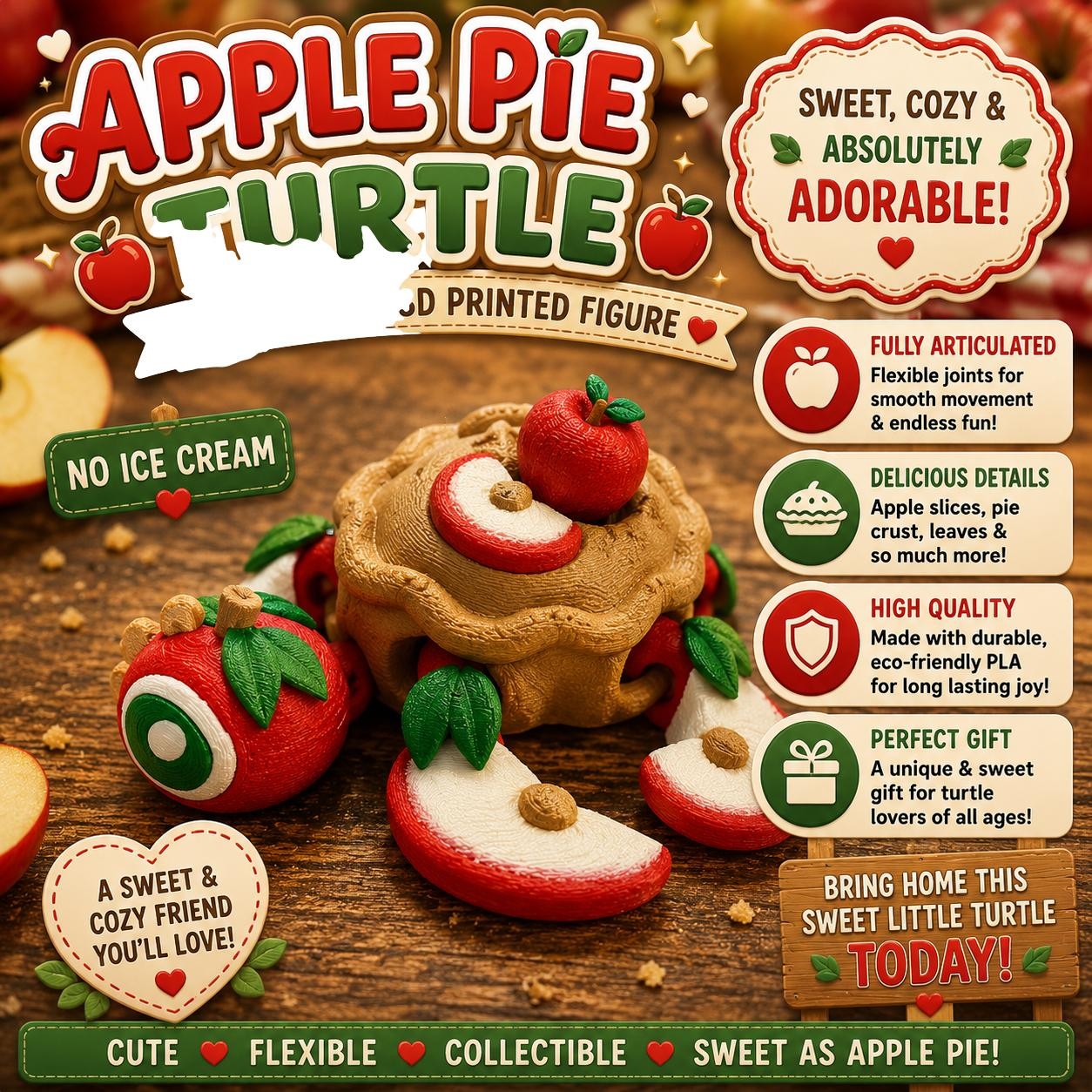 Tartaruga Torta di Mele Stampata in 3D Articolata Dessert Tartaruga Flexi