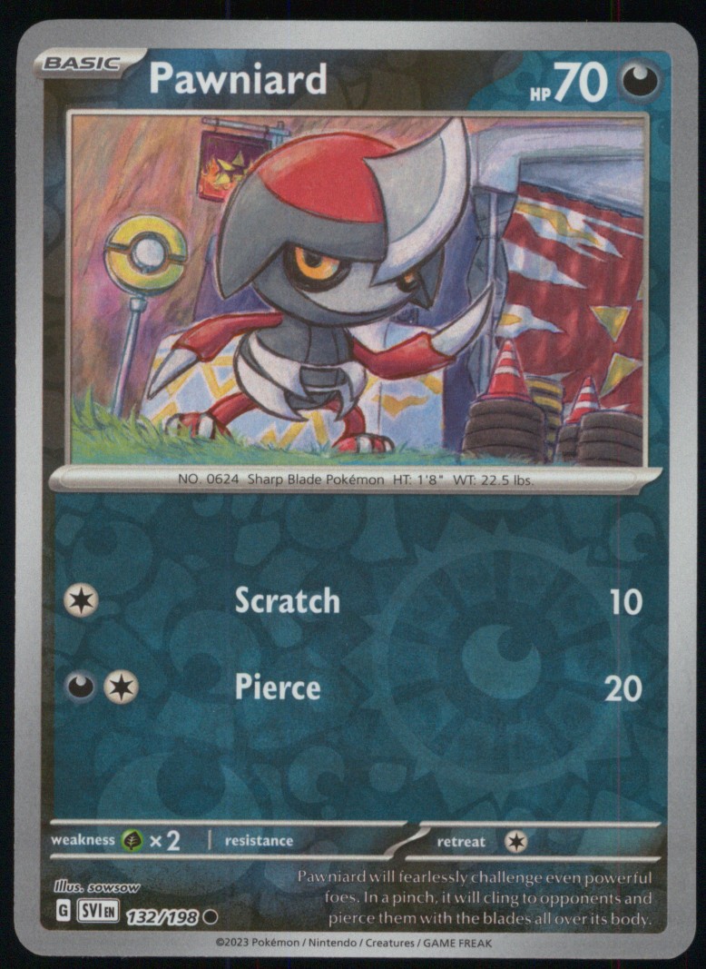 Pawniard 132/198 Pokemon comune scarlatto e viola olografico inverso quasi nuovo