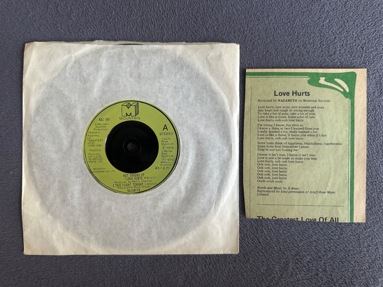NAZARETH Love Hurts PLUS Lyrics - 1975 Hot Tracks 4 Track EP 7" Vinyl Mountain