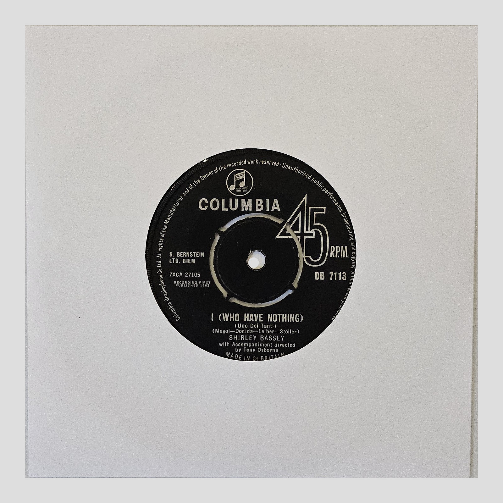 Shirley Bassey - I (Who Have Nothing) Vinile 7" 45 RPM Record Musicale