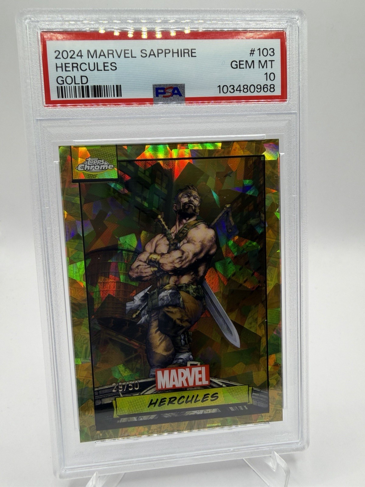 Topps Marvel Chrome 2024 Sapphire Hercules /50 Gold PSA 10