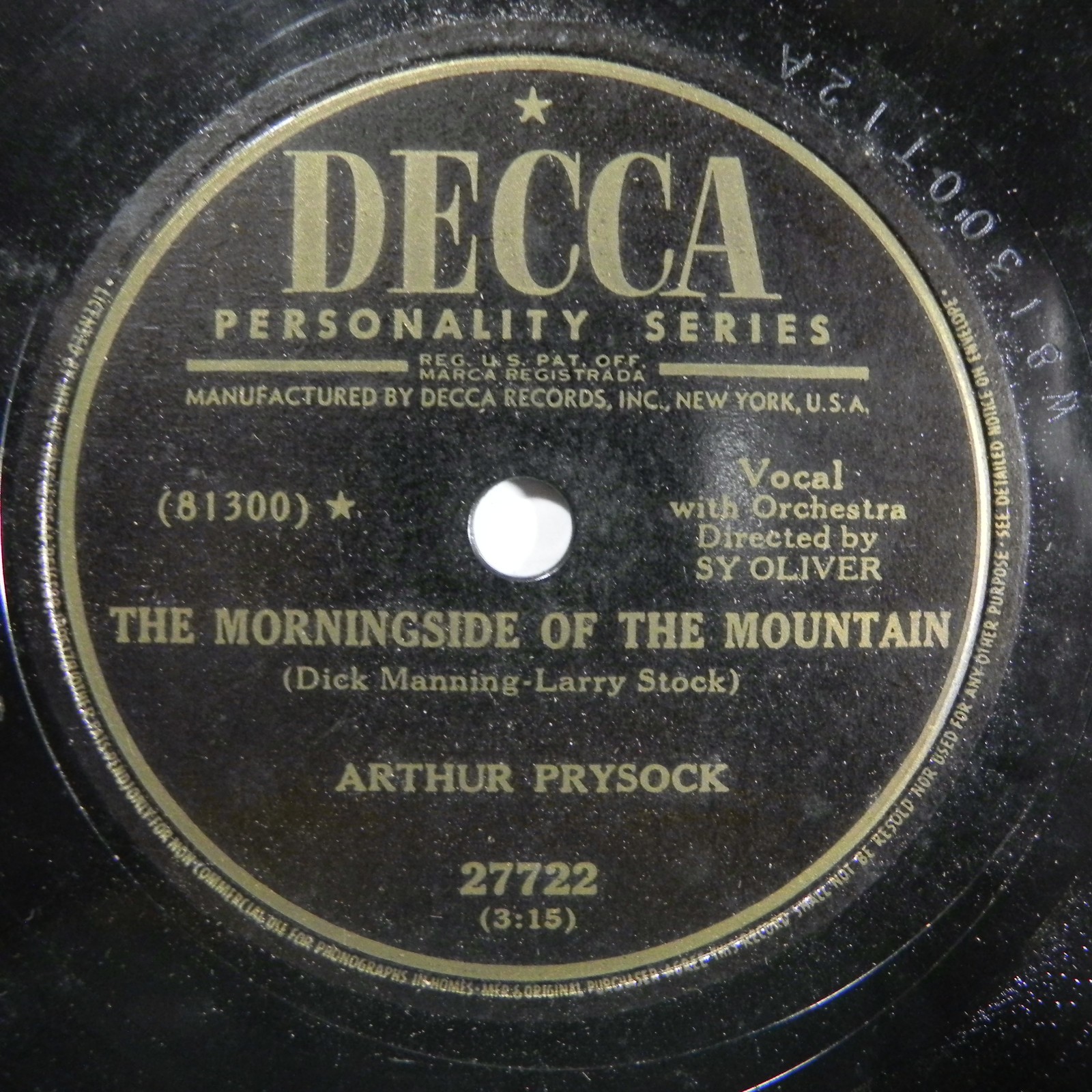 Arthur Prysock – The Morningside Of The Mountain / Blue Velvet 1951 Decca 27722