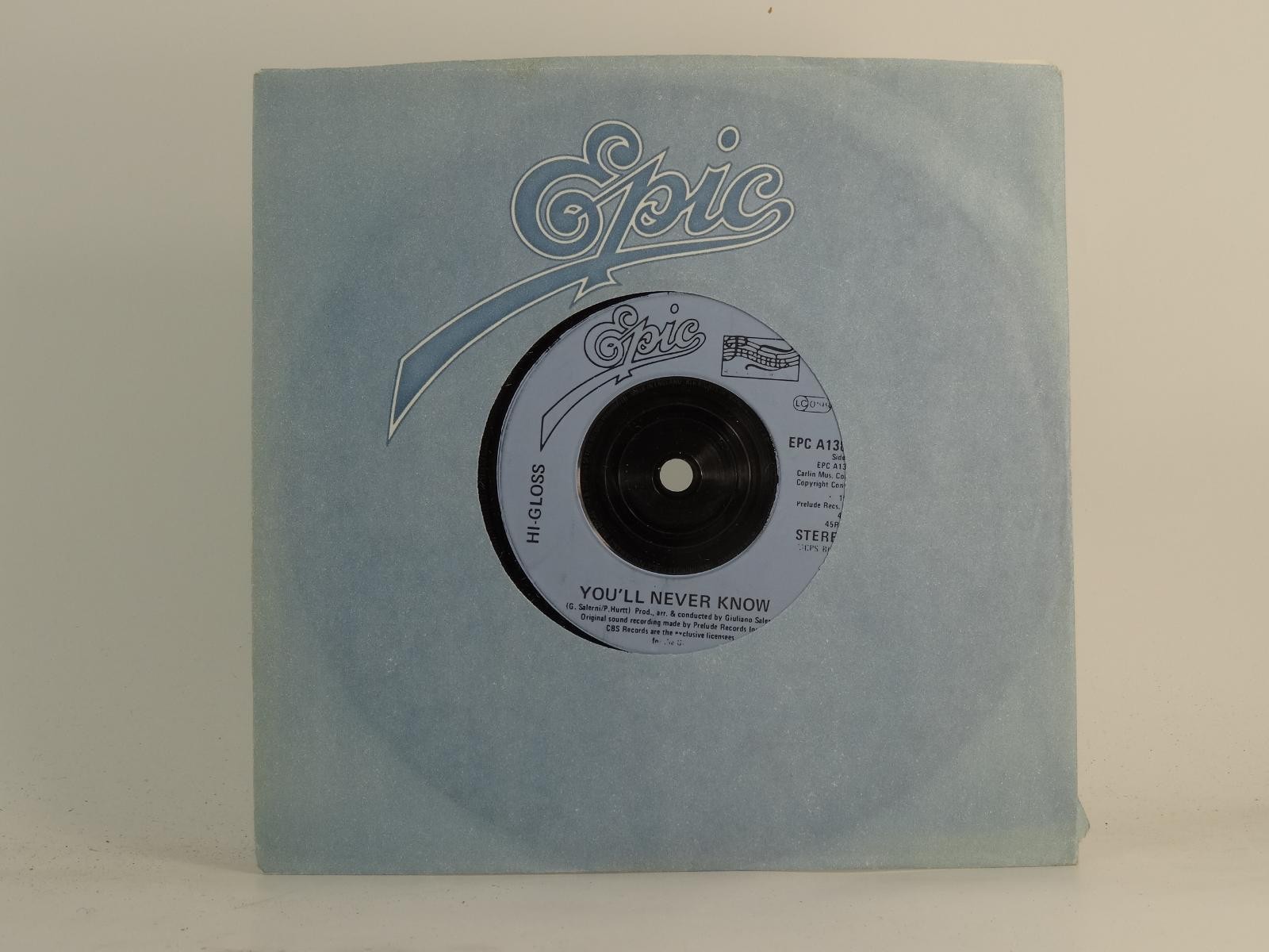 HI-GLOSS YOU'LL NEVER KNOW (73) 2 Track 7" Single including Company Sleeve EPIC