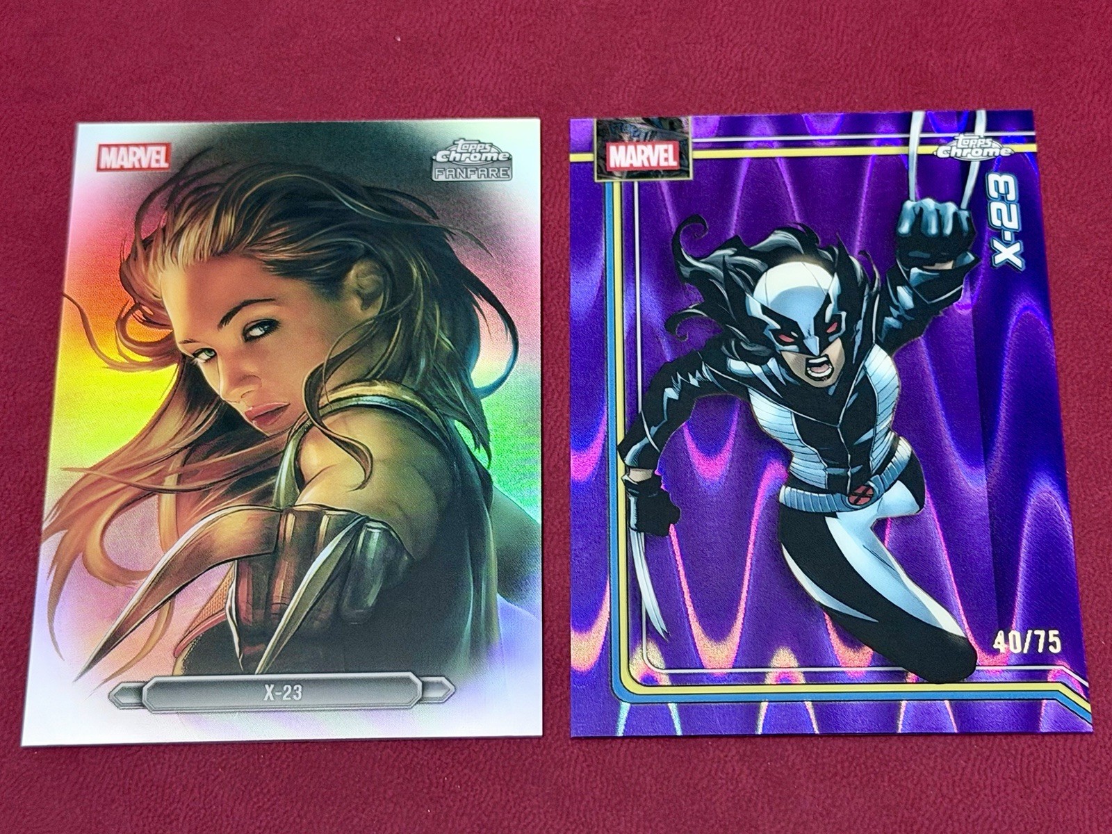 Lotto 2 carte 2026 Topps Chrome Marvel X-23 #200 Purple Wave /75 + Fanfara FF-50