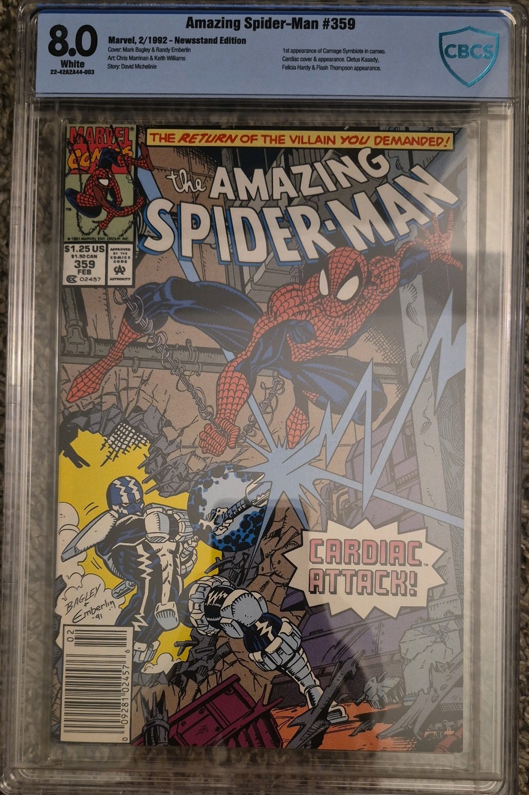 Amazing Spider-Man #359 (febbraio 1992 Marvel) Cameo App Carnage Simbionte CBCS VF 8.0