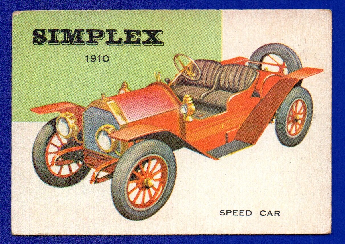 1910 SIMPLEX SPEED CAR 1954 TOPPS WORLD SU RUOTE #29 VG-EX SENZA PIEGHE