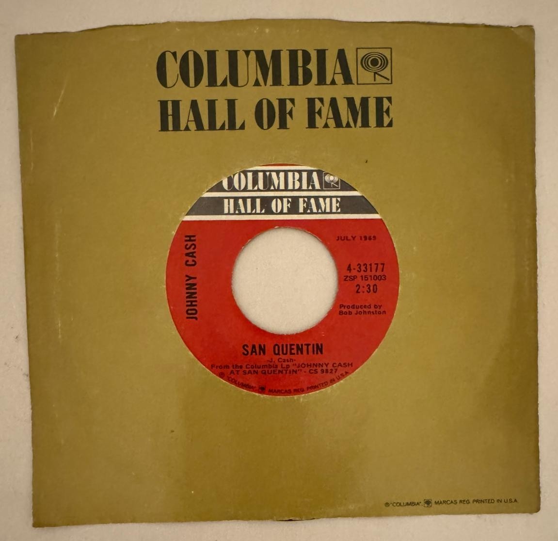 JOHNNY CASH – A BOY NAMED SUE / SAN QUENTIN -  7" VINYL LP 4-33177 1969 - VG+ L2