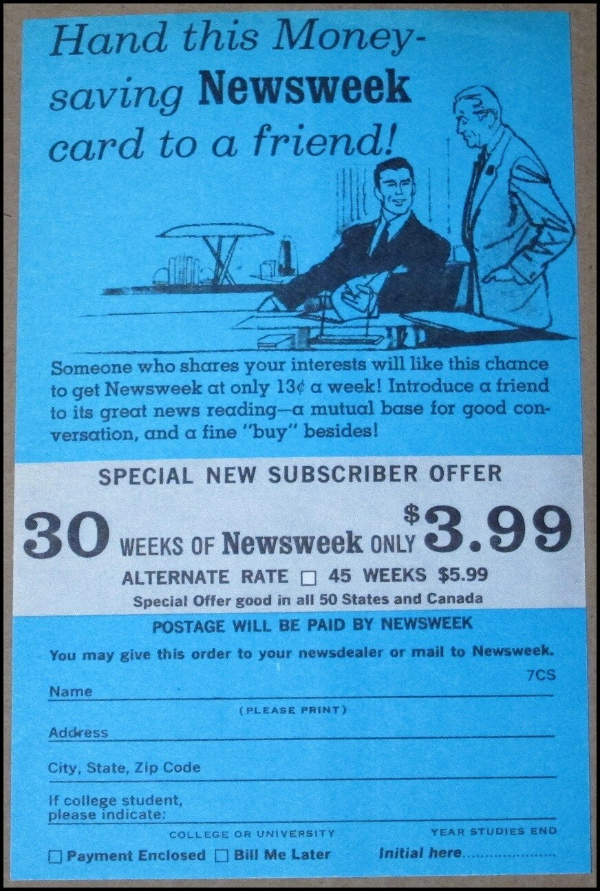 1970 Newsweek Magazine Promo Advertisement Card Vintage Ad Blank