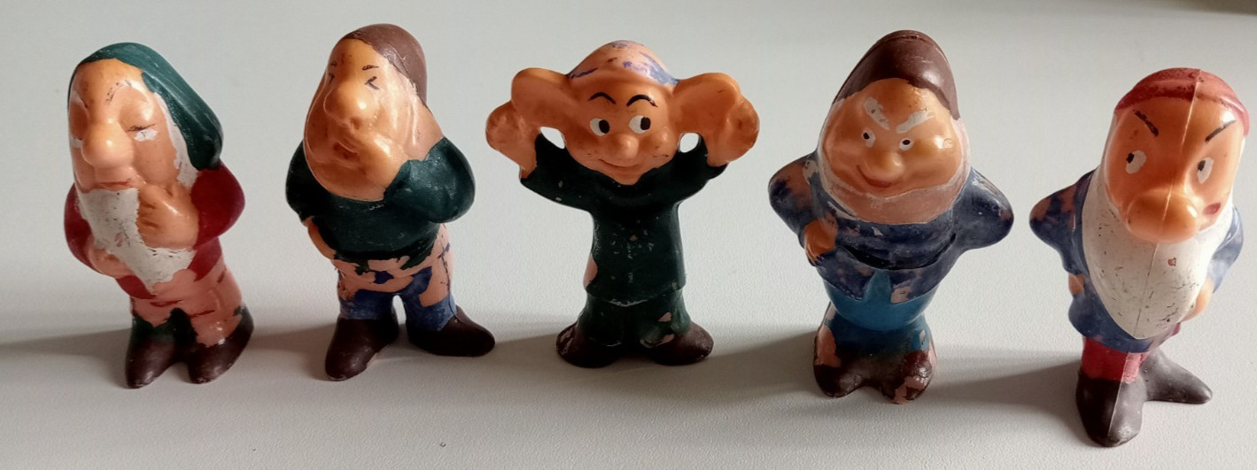 LOT 5 ANCIENNES FIGURINES LES NAINS DE BLANCHE NEIGE WALT DISNEY CELLULOID 1940