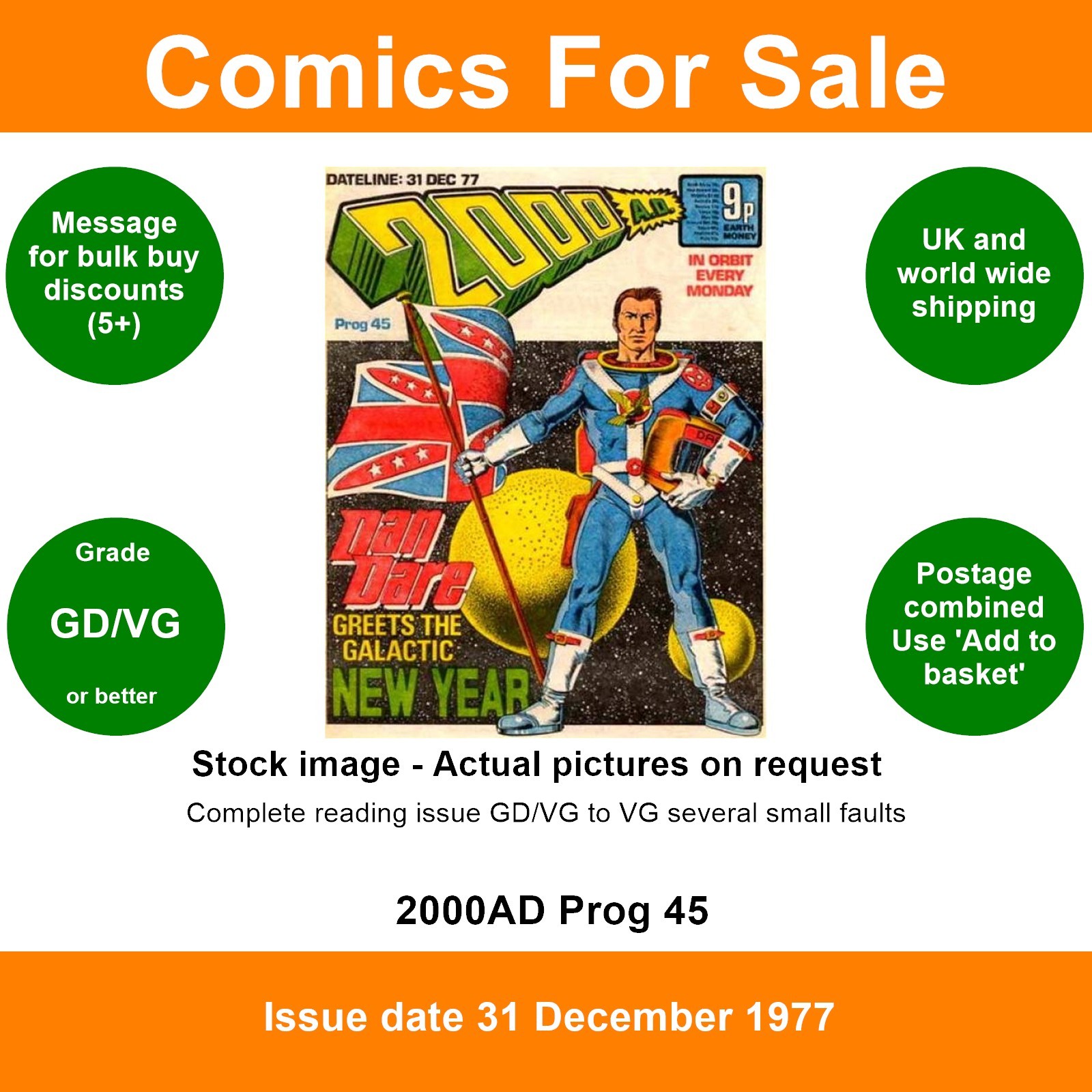 2000AD prog #45 comic - GD/VG - Brian Bolland cover - 31 Dec 1977