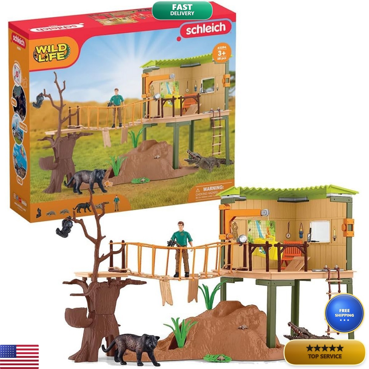 Schleich 42594 Ranger Adventure Station Playset 68 PC Kids Ages 3+
