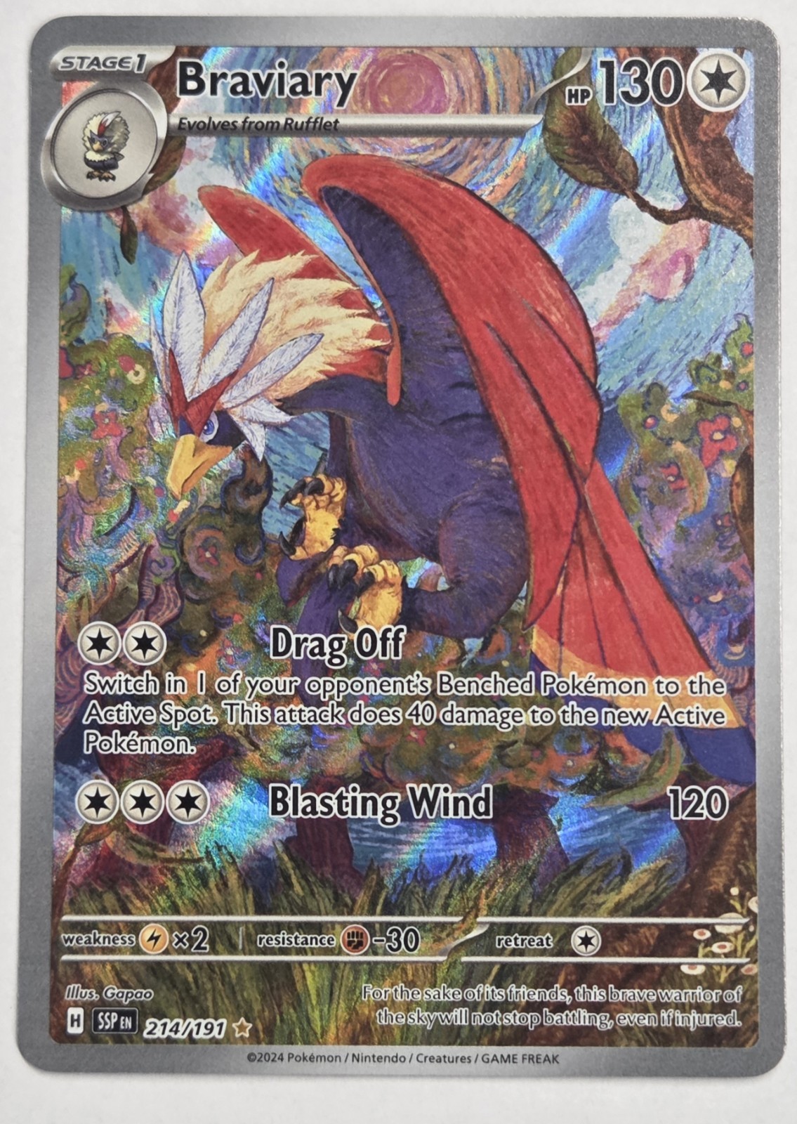 Carta Pokémon Braviary 214/191 Illustrazione Rara Holo Sv08 Scintille Urgenti 2024