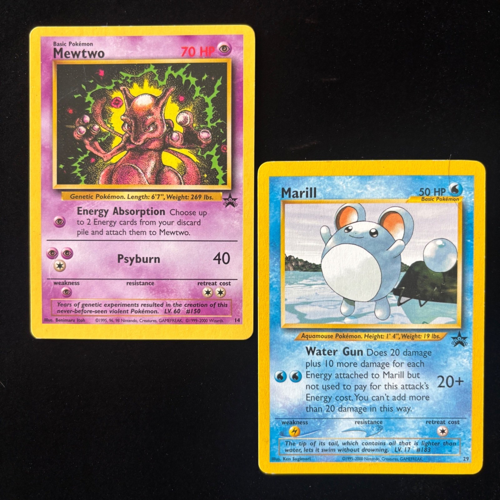 2 Vintage Pokémon Card Marill #29 Mewto #14 Black Star Promo WOTC 2000