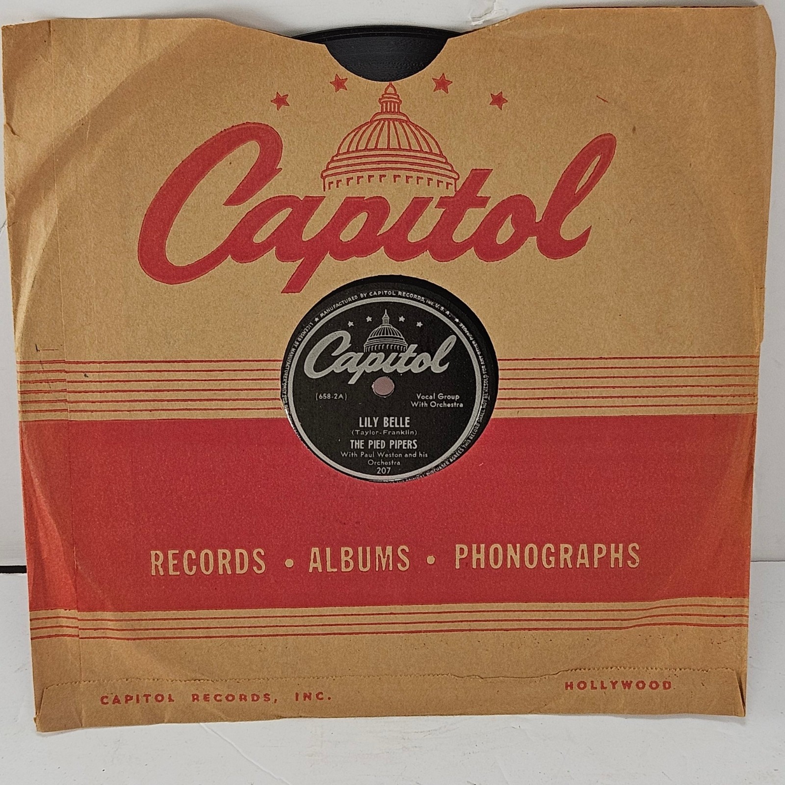 Vintage Capitol 78 RPM 10" 207 Pied Pipers Lily Belle / We'll Be Together Again