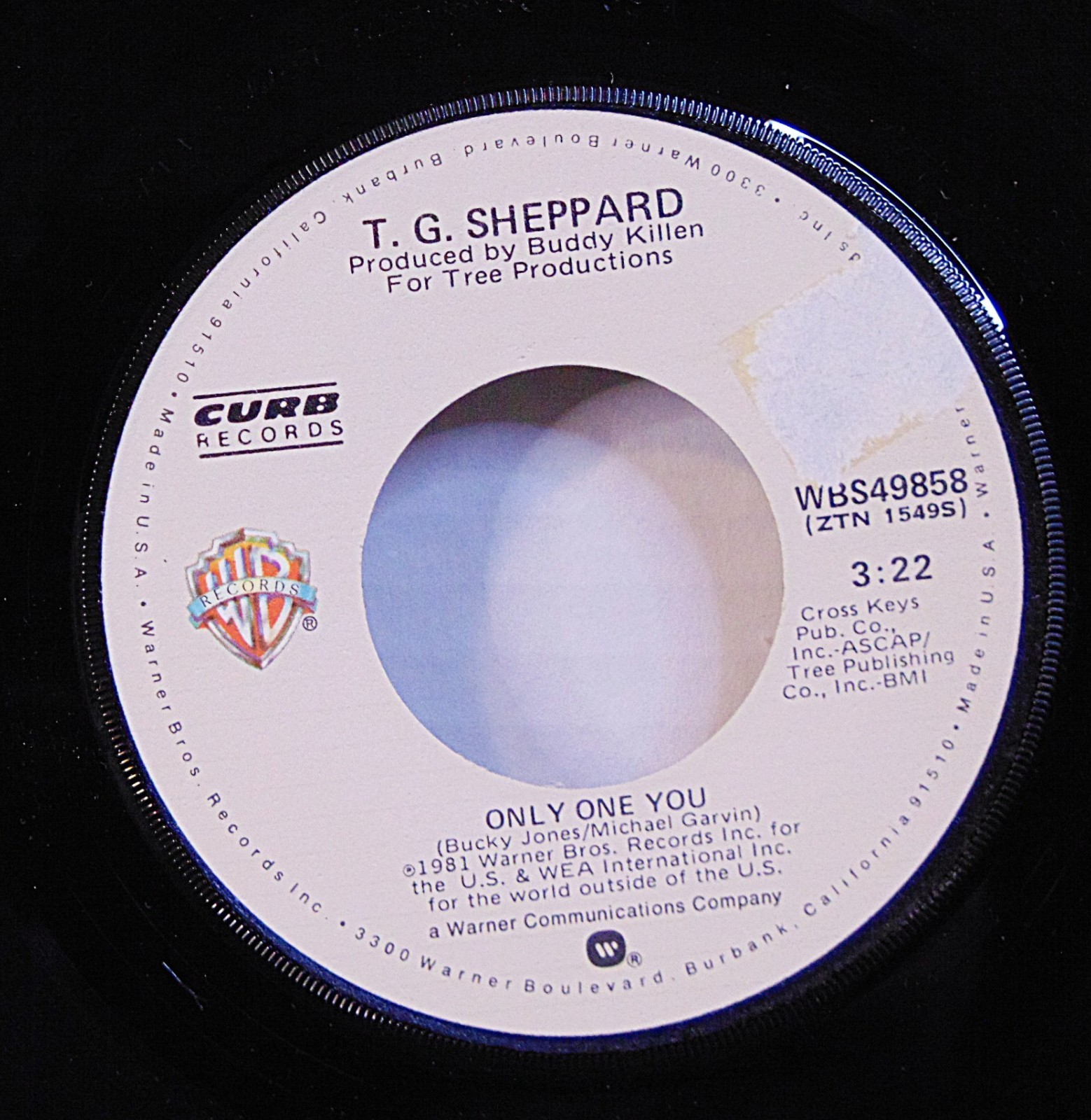 T. G. Sheppard – Only One You 7" Record 1981 Curb Records Country 45 RPM