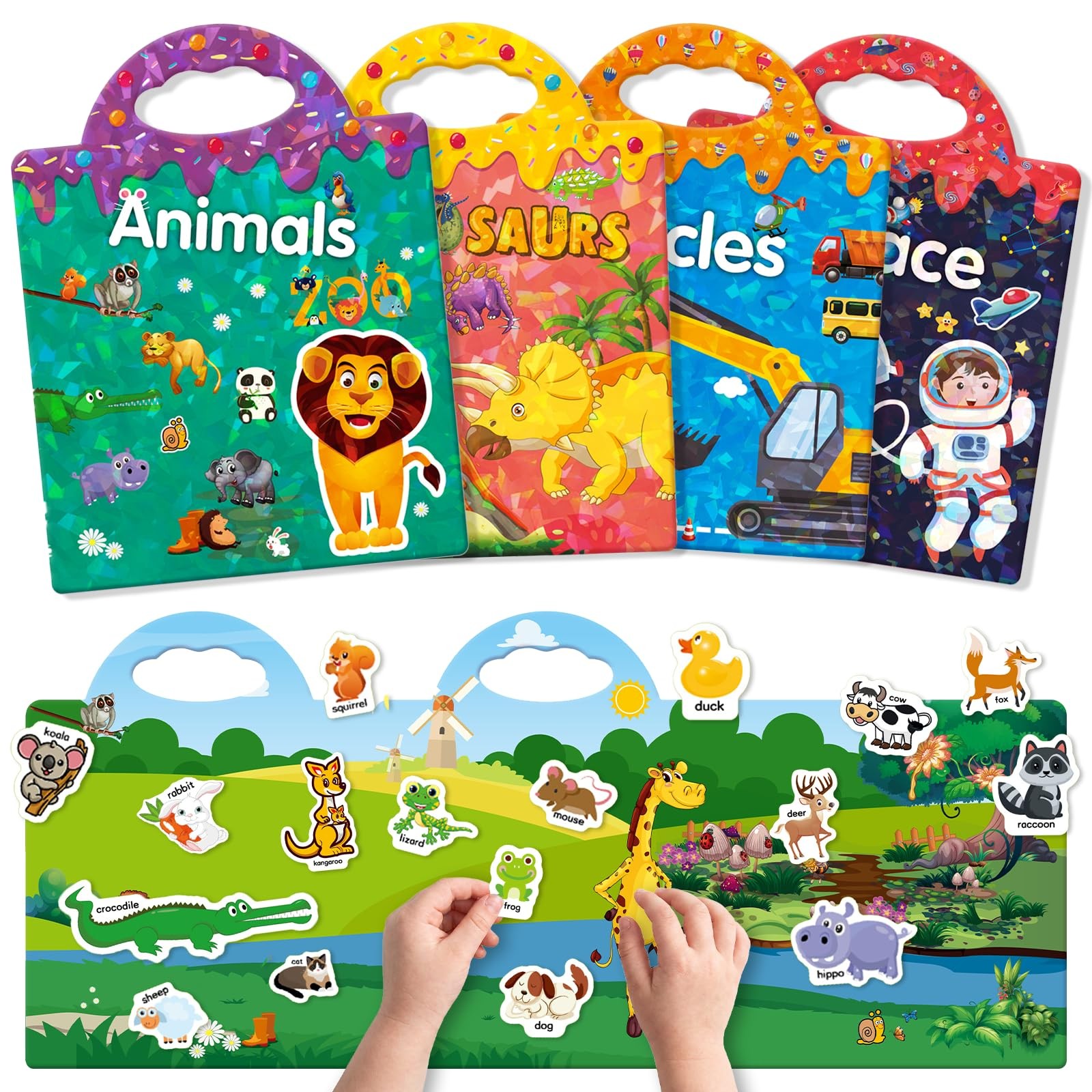 LIBRI ADESIVI DINOSAURI ANIMALI SPAZIO VEICOLI CONFEZIONE DA 4