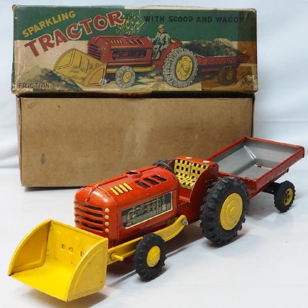 Trattore giocattolo in latta Kokyu Shokai vintage con carro Giappone raro...
