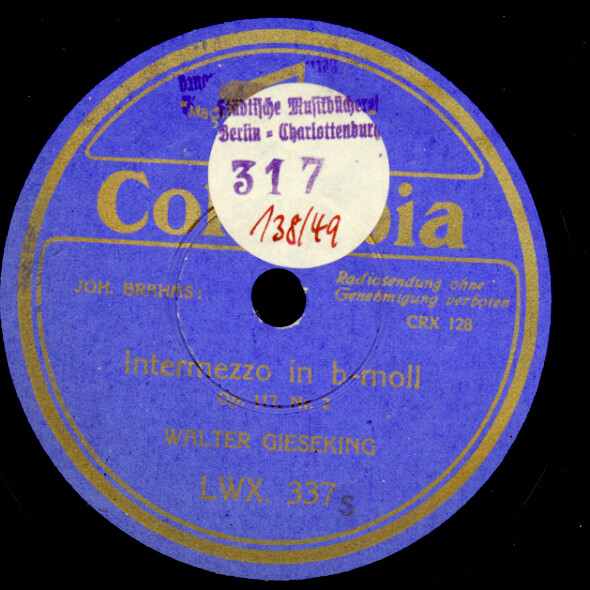 WALTER GIESEKING -PIANO- Brahms: Intermezzo in h-moll   Schellackplattte G4468