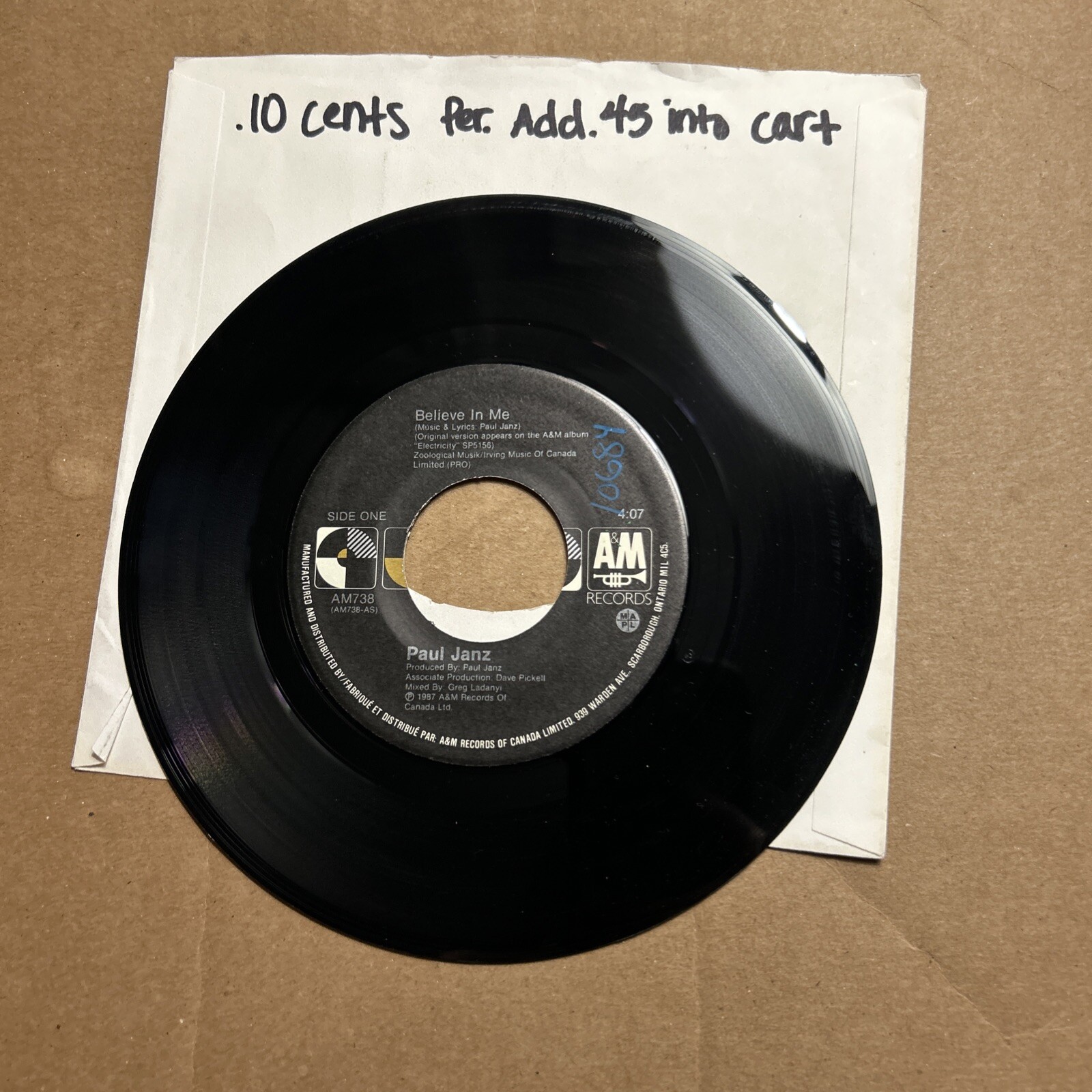 Paul JaNZ Believe In Me/Close My Eyes 1986 A&M Records 45