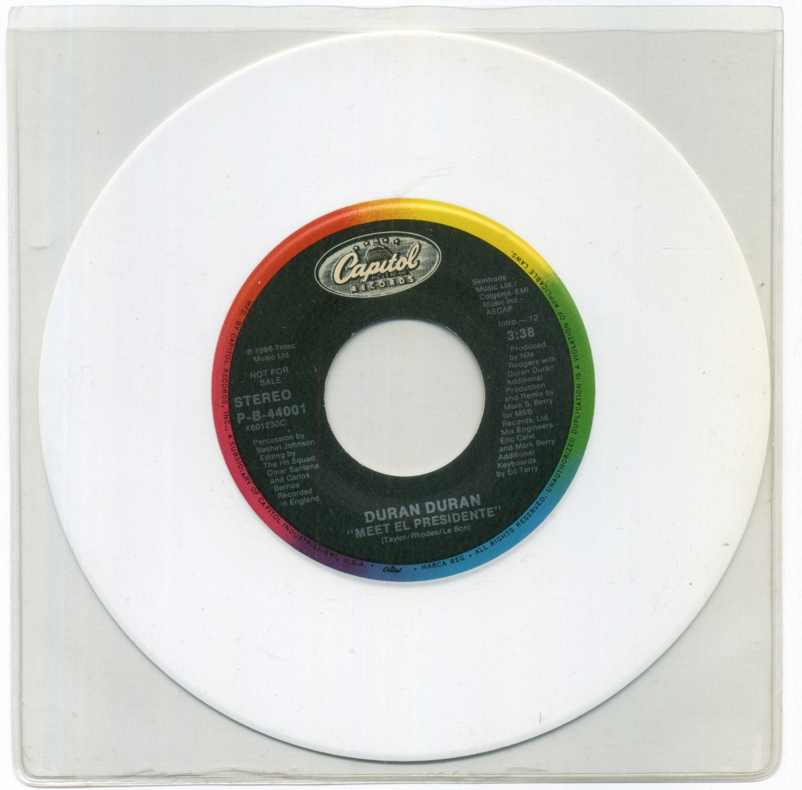 DURAN DURAN Meet El Presidente; 1986 Promo 45 7" White Vinyl Record Capitol