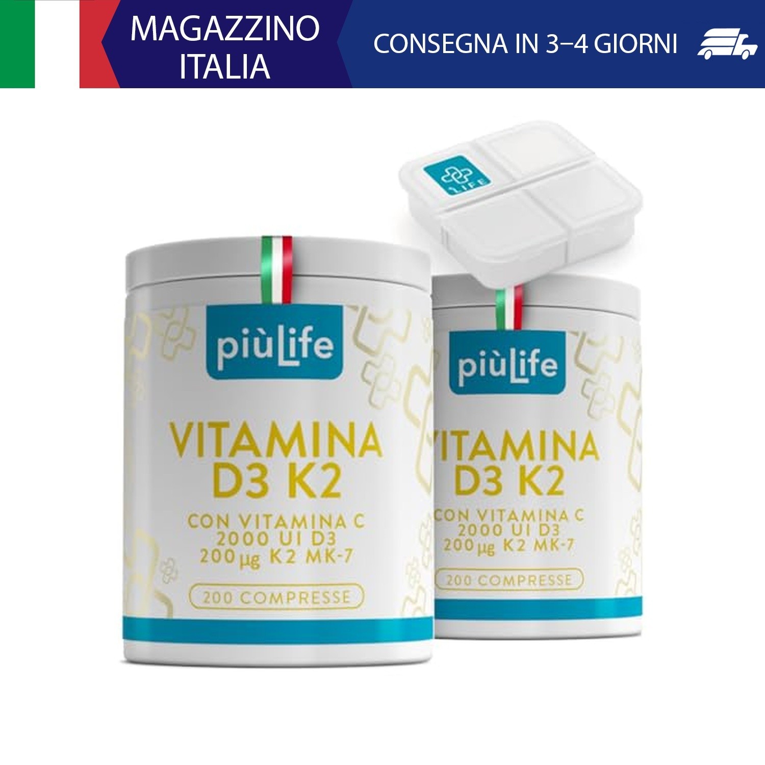 Vitamina D3 K2 Mk7 Con Vitamina C PiùLife – 400 Compresse – 1 Al Giorno, Vit D3