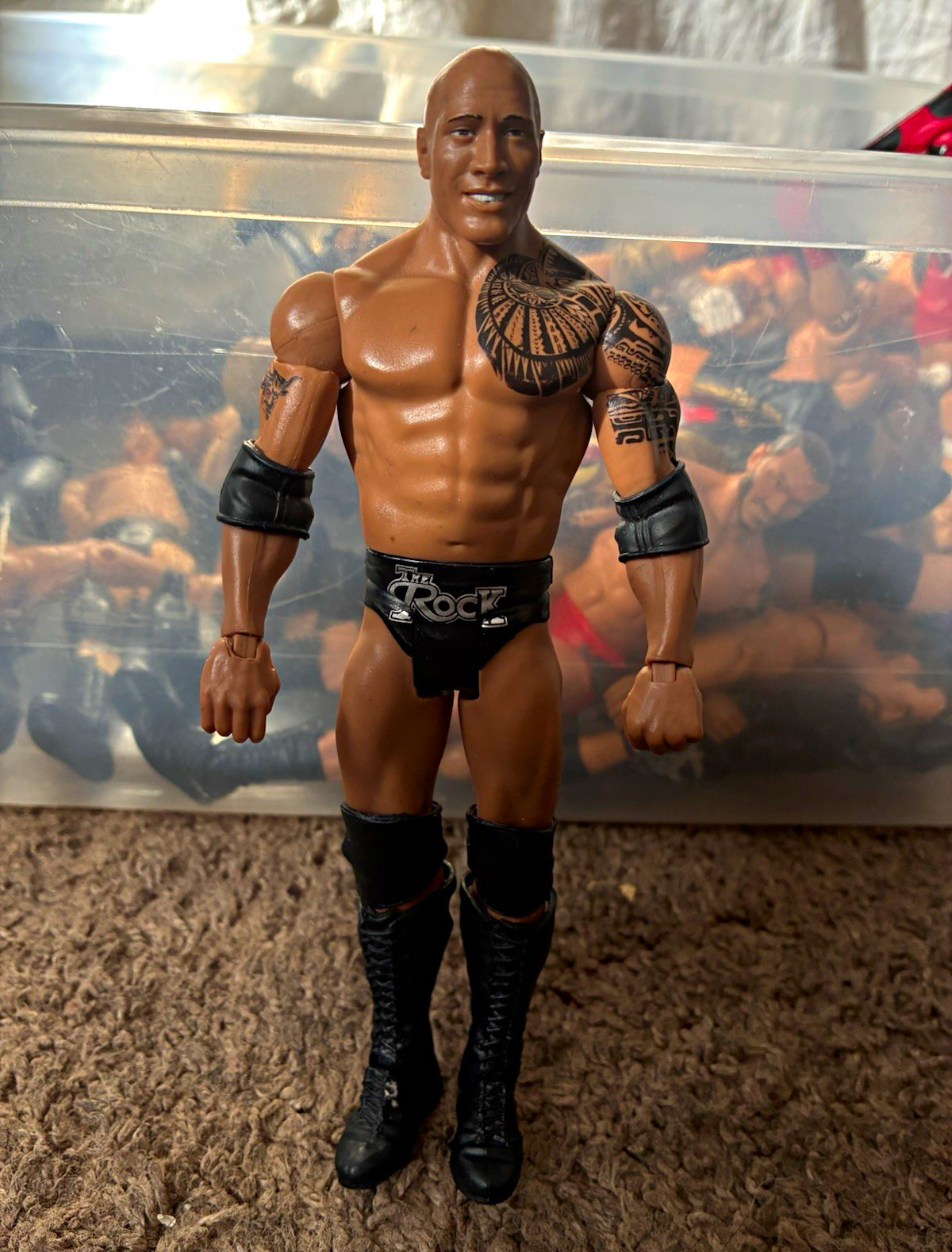 WWE The Rock Wrestling Action Figure Bull Logo Trunks Black Boots Adjustable